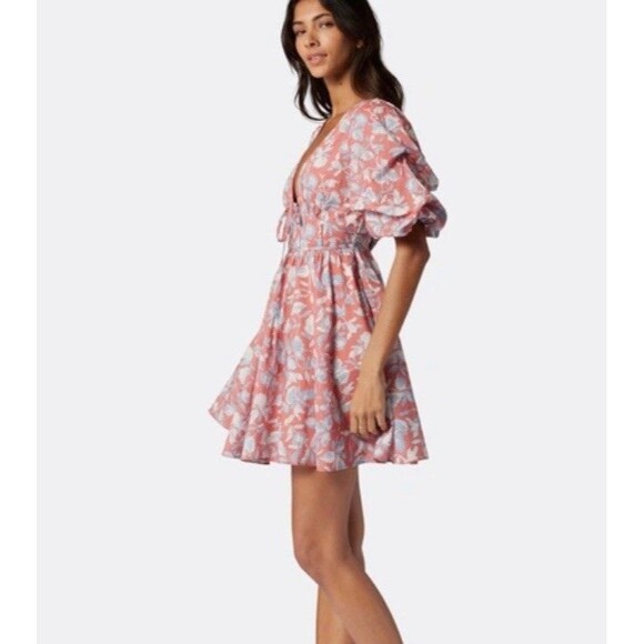 Joie Lucia Floral Puff Sleeve Mini Pink Dress Deep V-Neck With Tie Size 6 - Picture 1 of 15